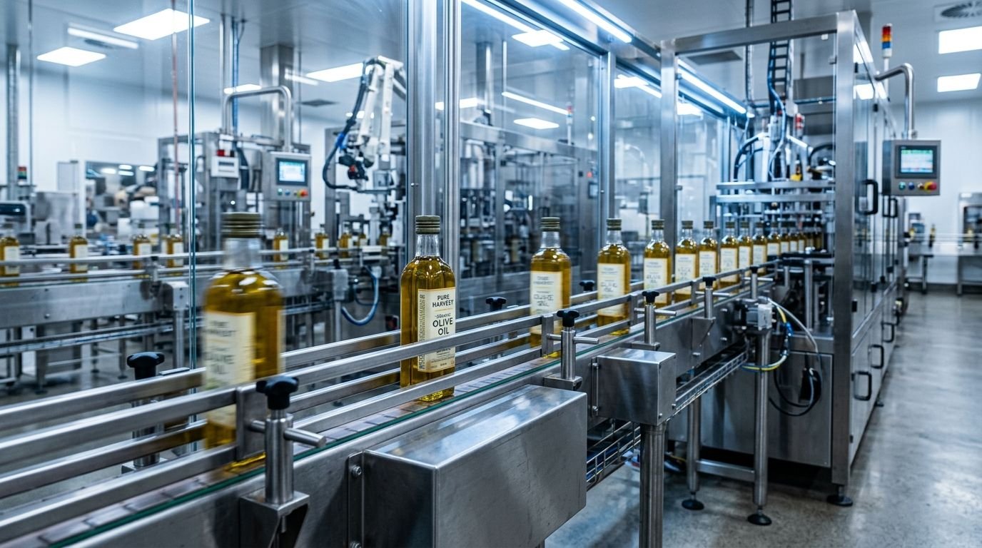 Linea de envasado de aceite de oliva en planta de alimentos