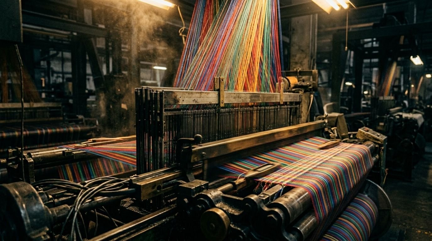 Telar industrial con hilos de colores en operacion