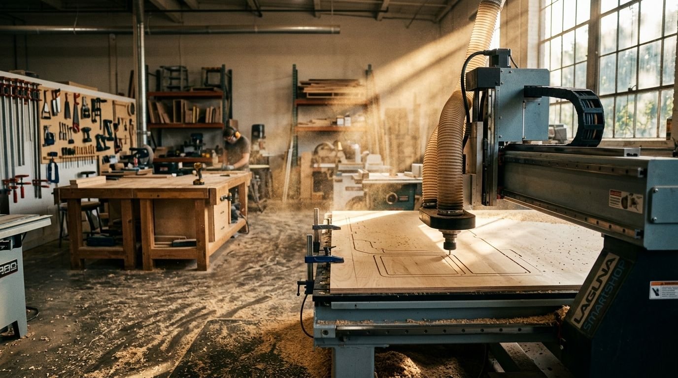Taller de carpinteria moderno con CNC router cortando madera